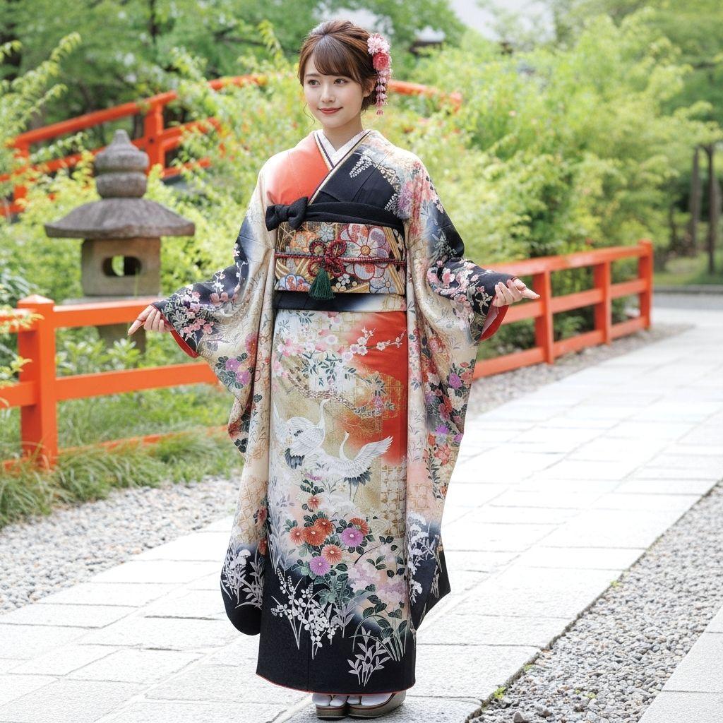 最終価格☆振袖フルセット(6点)・古典柄・金彩加工・舞鶴・胴裏正絹・正絹