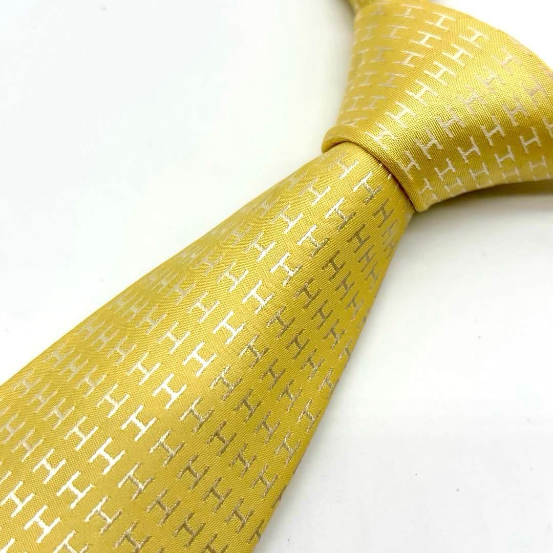 極美品✨ HERMES ネクタイ ファソネ H柄 ジャガード 総柄 イエロー 黄