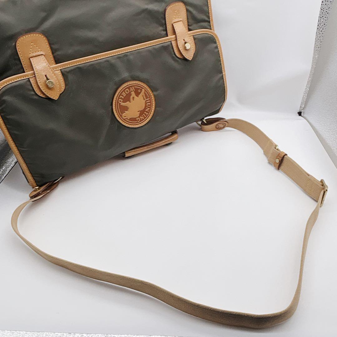 美品 ハンティングワールド バチュークロス×レザーメッセンジャーバッグ ハンド