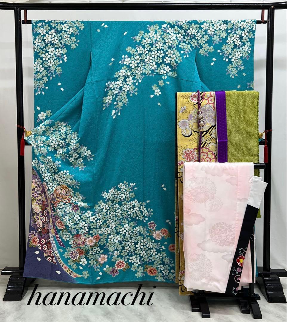 振り袖　フルセット　ブルー　長襦袢付　さくら　金彩加工　刺繍入り　533