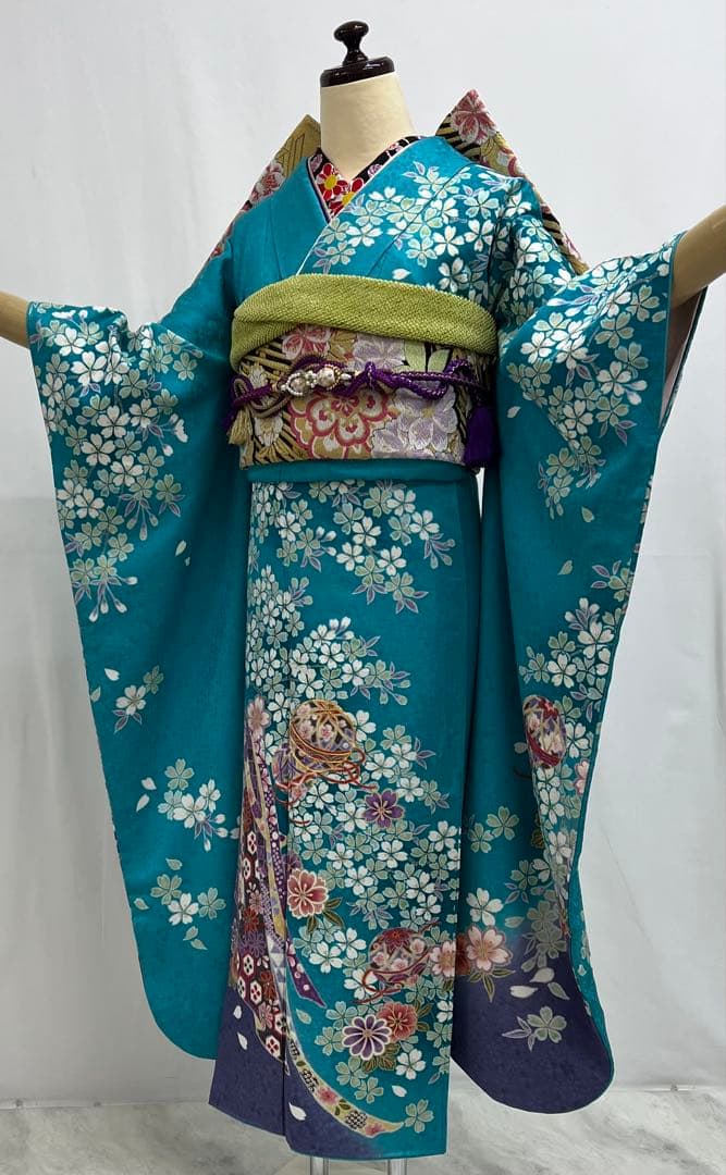 振り袖　フルセット　ブルー　長襦袢付　さくら　金彩加工　刺繍入り　533