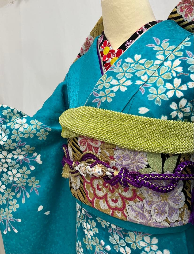 振り袖　フルセット　ブルー　長襦袢付　さくら　金彩加工　刺繍入り　533