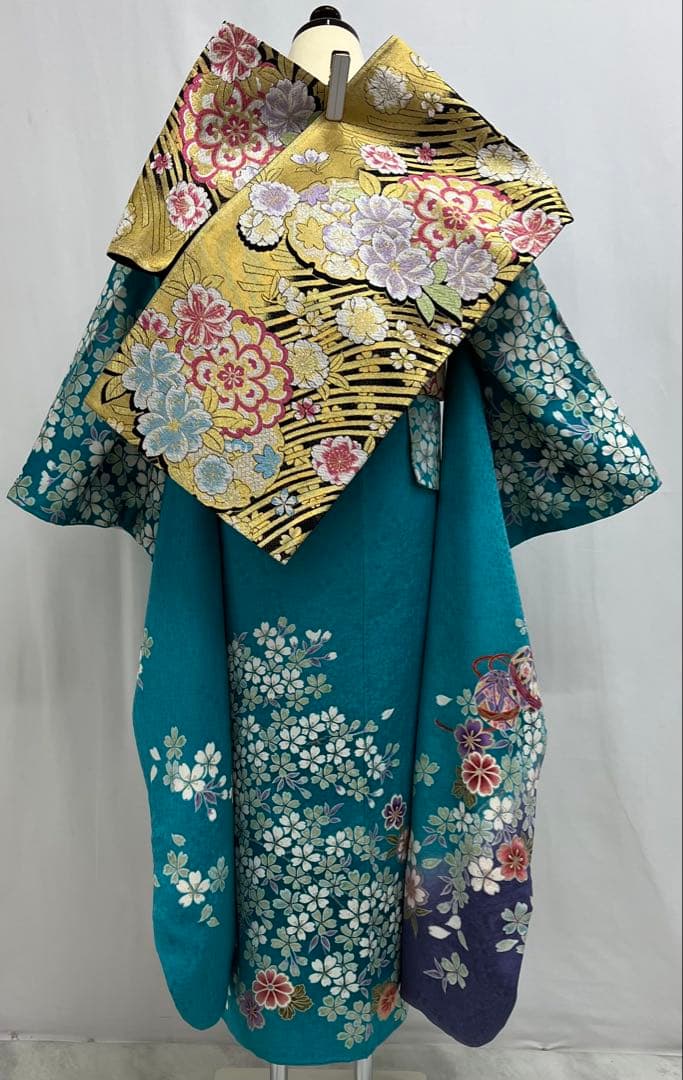振り袖　フルセット　ブルー　長襦袢付　さくら　金彩加工　刺繍入り　533