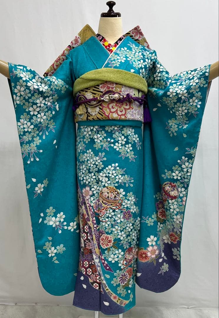 振り袖　フルセット　ブルー　長襦袢付　さくら　金彩加工　刺繍入り　533