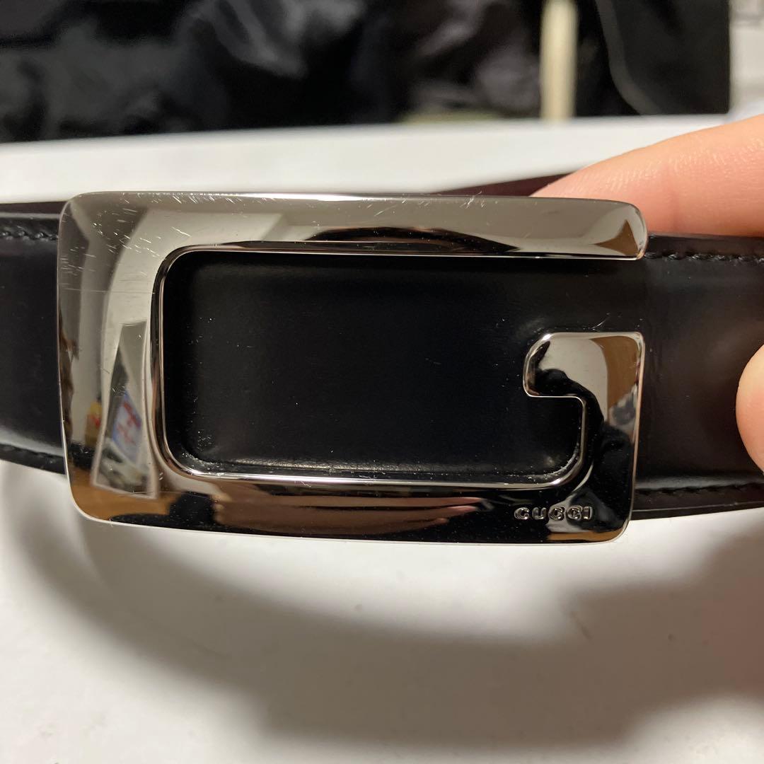 GUCCI ブラックレザーベルト スクエアバックル　SWAG
