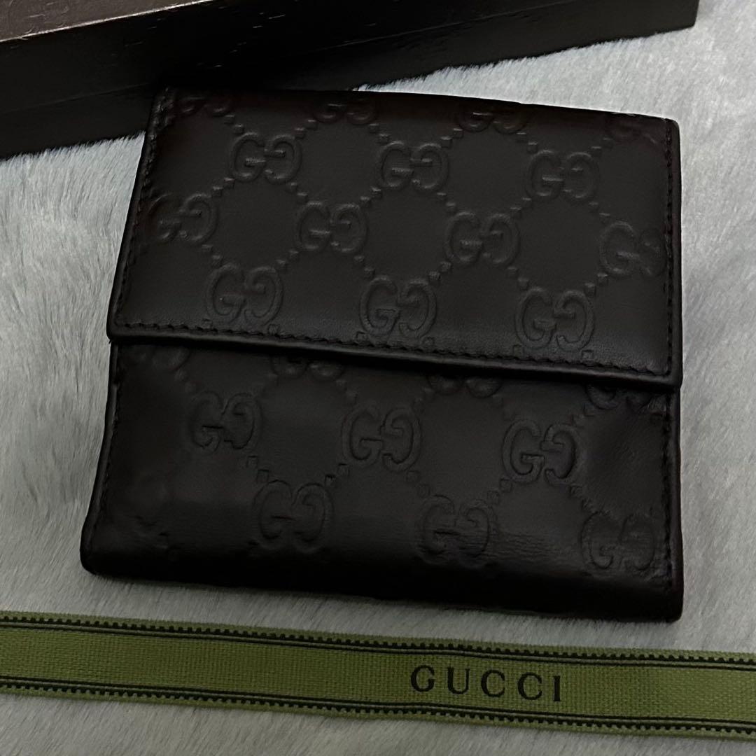 GUCCI グッチ　折り財布　メタルロゴ　Wホック　ブラウン　グッチシマ　GG