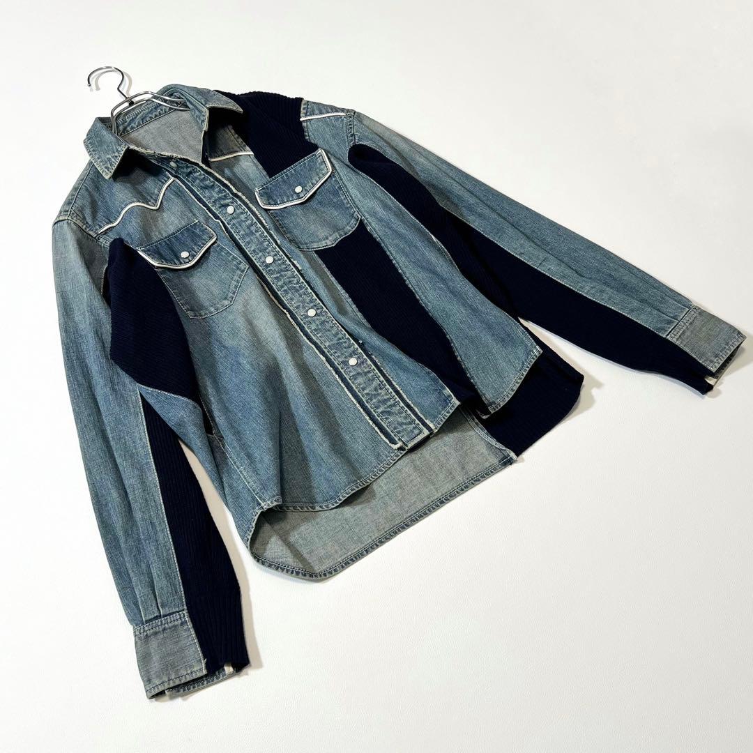 3340【美品】サカイ　ドッキングデニムシャツ リブニット　異素材　インディゴ