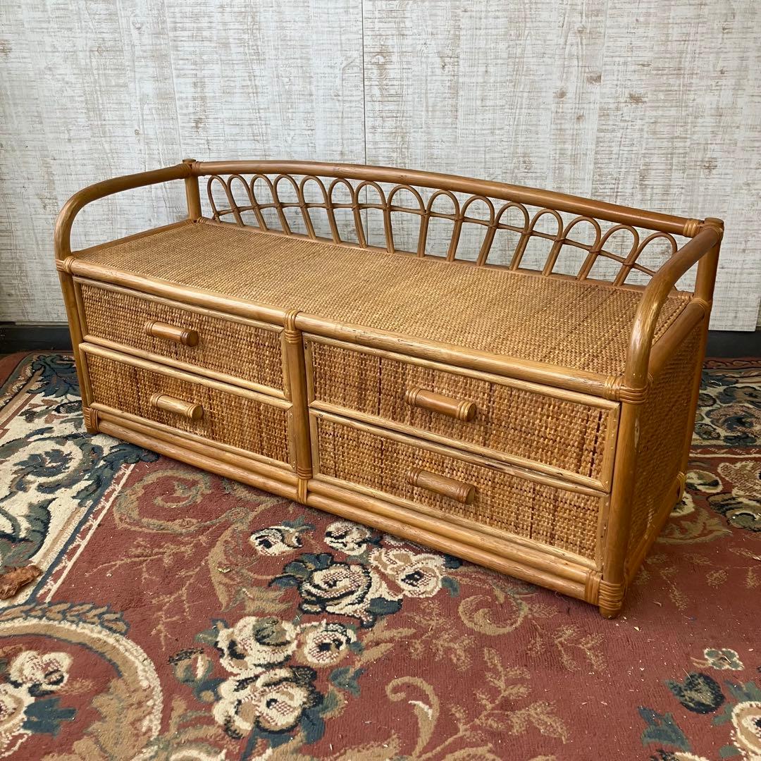 昭和レトロ ラタンサイドボード テレビ台 古家具 2段4杯 引き出し箪笥