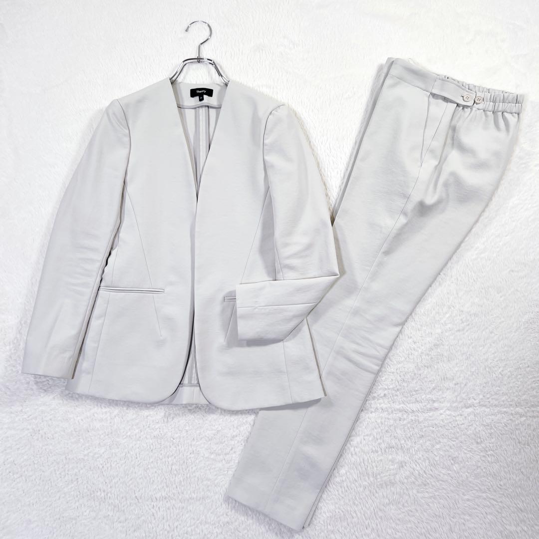 23SS✨セオリー パンツスーツ ストレッチノーカラージャケット ライトグレーS