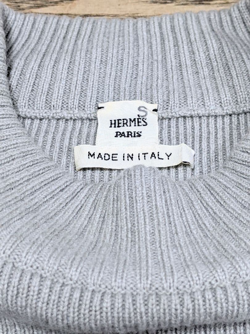 HERMES カシミヤ混リブ編み長袖セーター ライトグレー