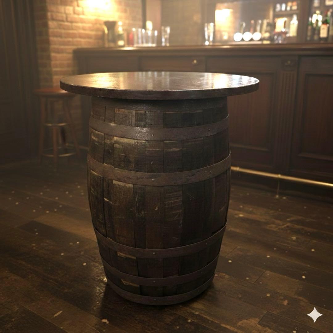 6667①木製古樽 バレルテーブル 直径約80㎝ 高さ約103㎝ キャスター付き