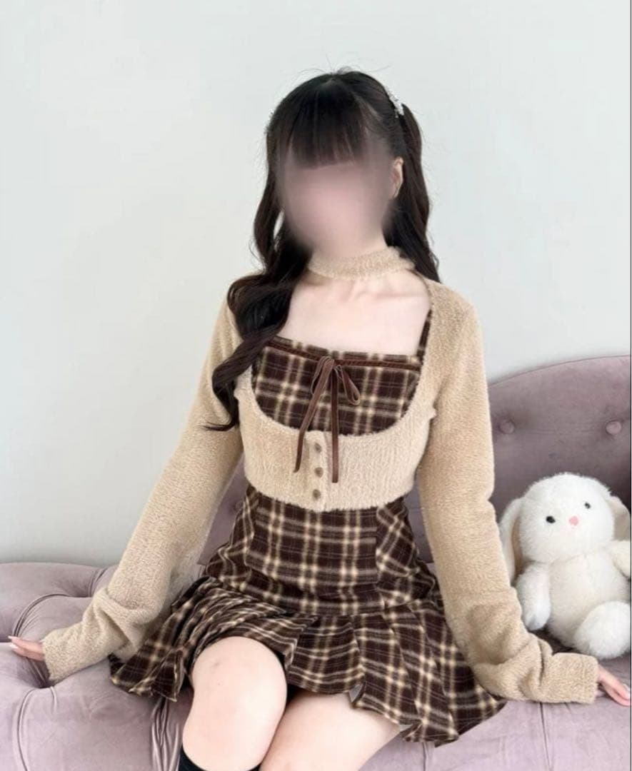 BunnyLis nogenki ファーボレロ×チェックミニワンピ ブラウン