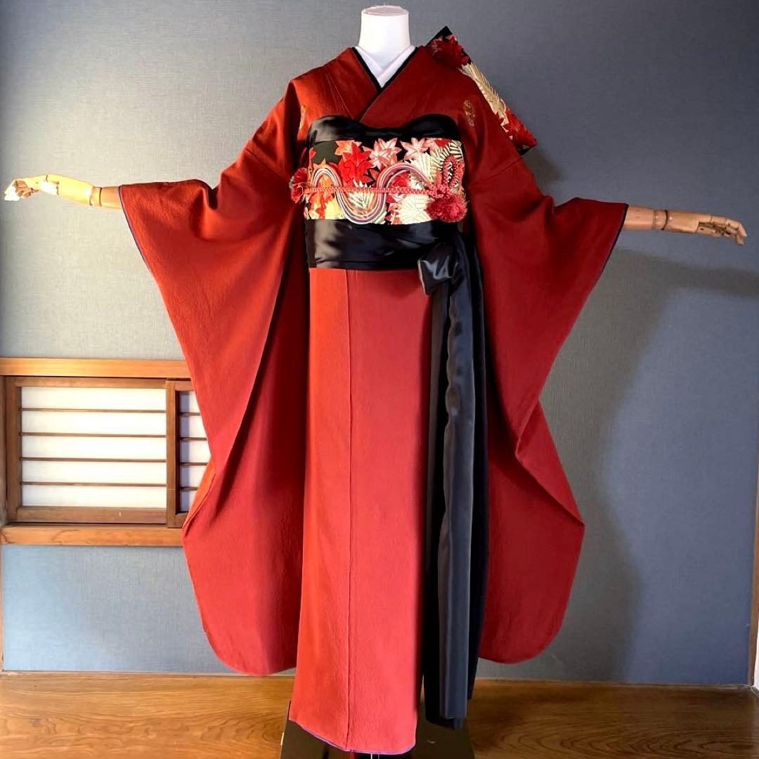 振袖フルセット　ちりめん色無地　成人式振袖　振袖　赤茶　テラコッタ