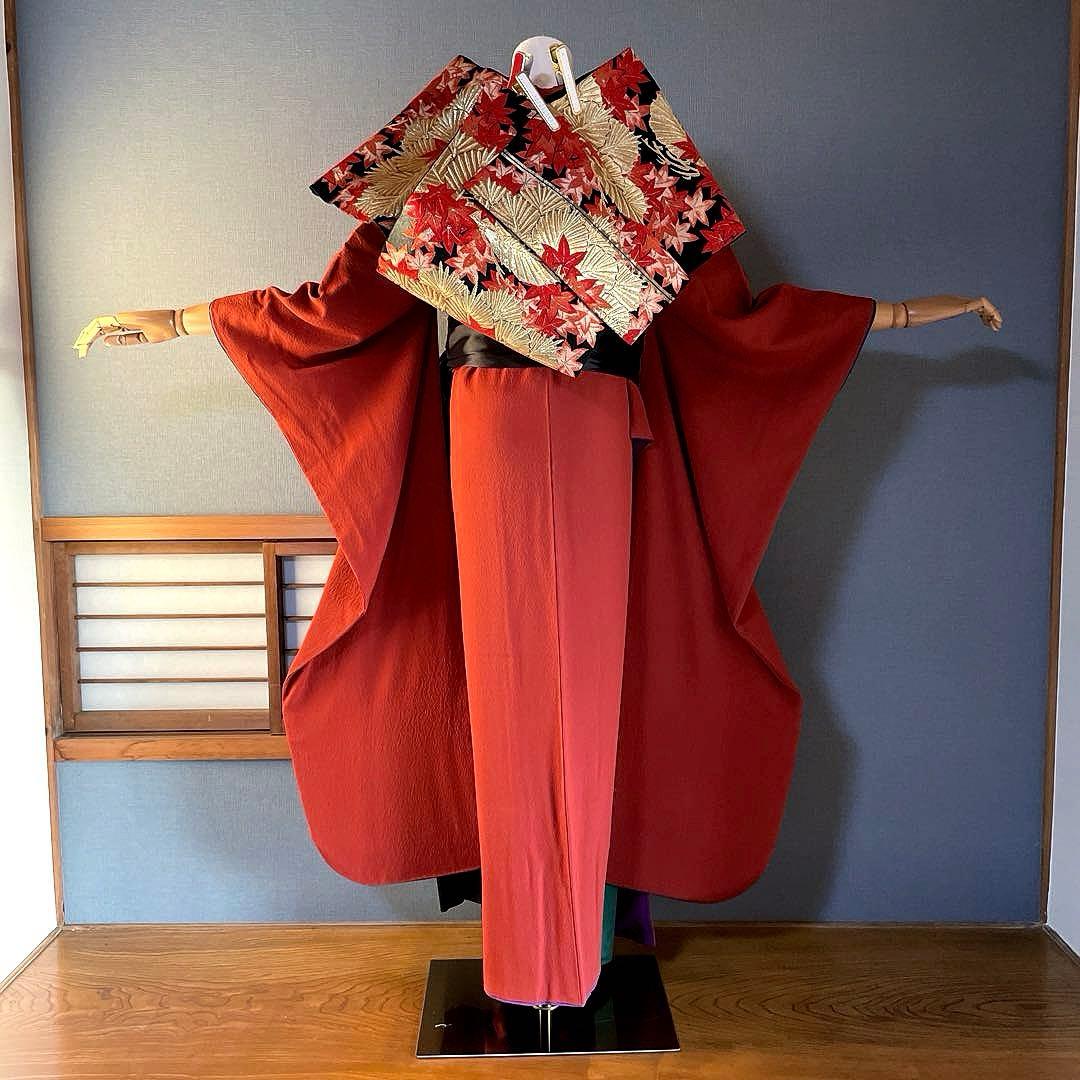 振袖フルセット　ちりめん色無地　成人式振袖　振袖　赤茶　テラコッタ