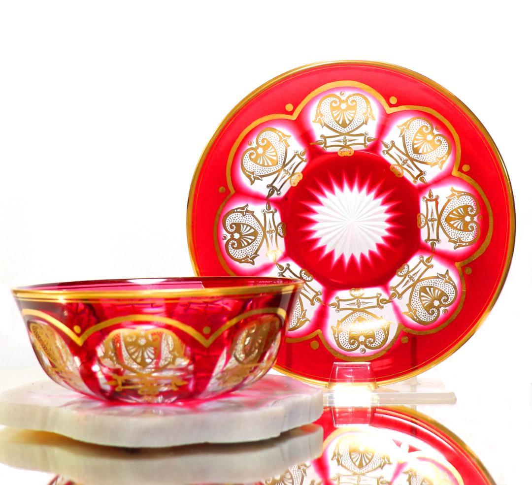 オールド・バカラ 最高級 ルビーレッド 金彩アンピール様式 菓子用ボウル＆受け皿