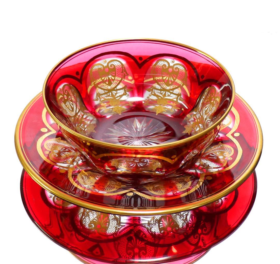 オールド・バカラ 最高級 ルビーレッド 金彩アンピール様式 菓子用ボウル＆受け皿