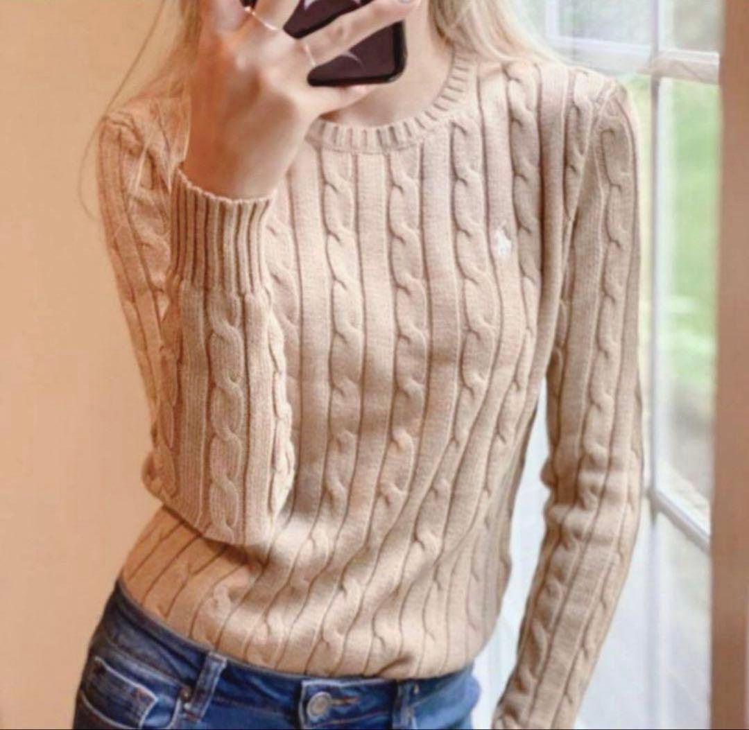 【極美品】ポロラルフローレン大人気カラーコットンケーブルセーター ホワイトポニー