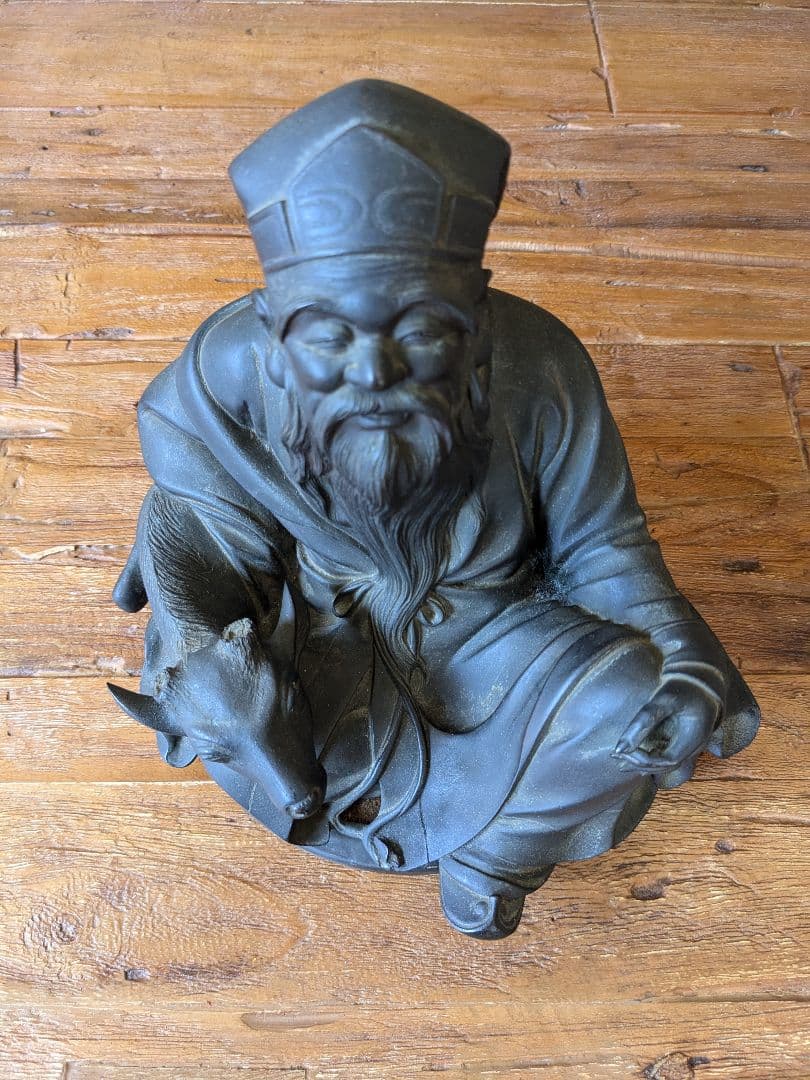 ブロンズ彫刻 時代物　金工師　老人像　鹿　山本孤山作　置物