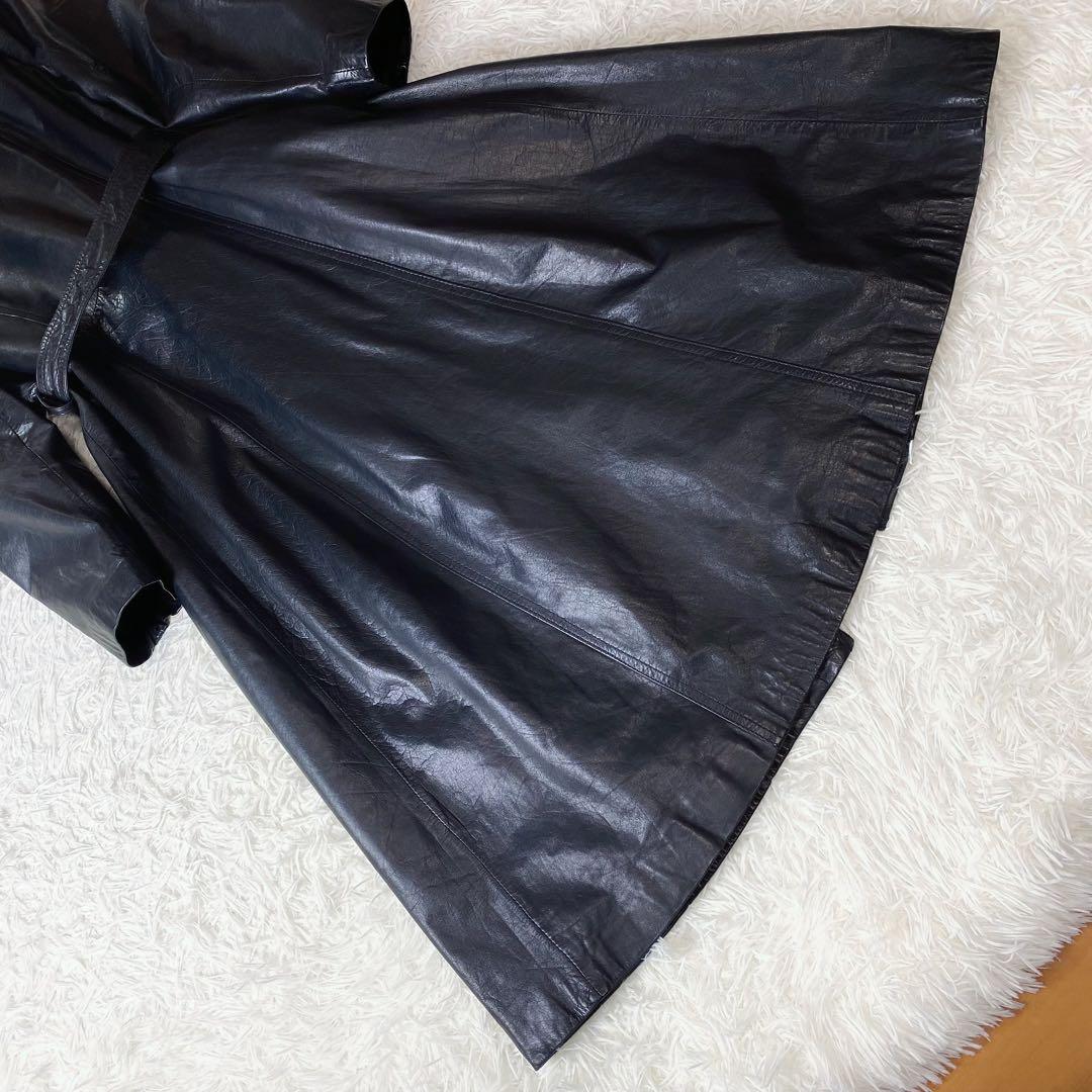 値下げ中 牛革 本革 レザー トレンチコート ロングコート ウエストリボン 黒