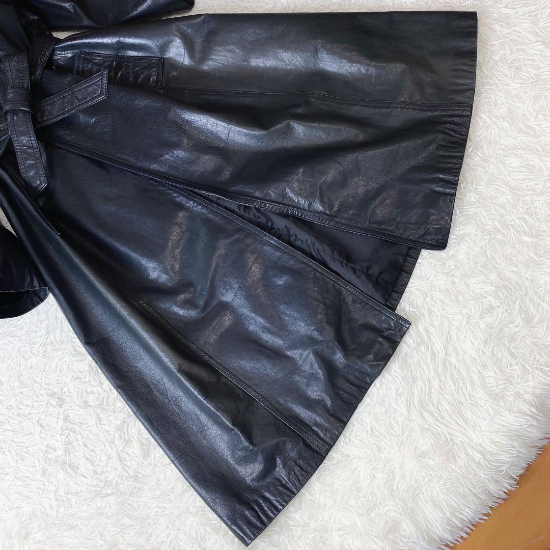 値下げ中 牛革 本革 レザー トレンチコート ロングコート ウエストリボン 黒