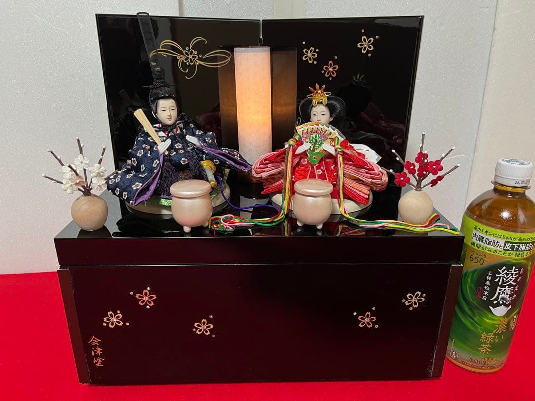 コンパクト収納型親王飾り　陽菜 会津塗お屏風収納飾り台セットE