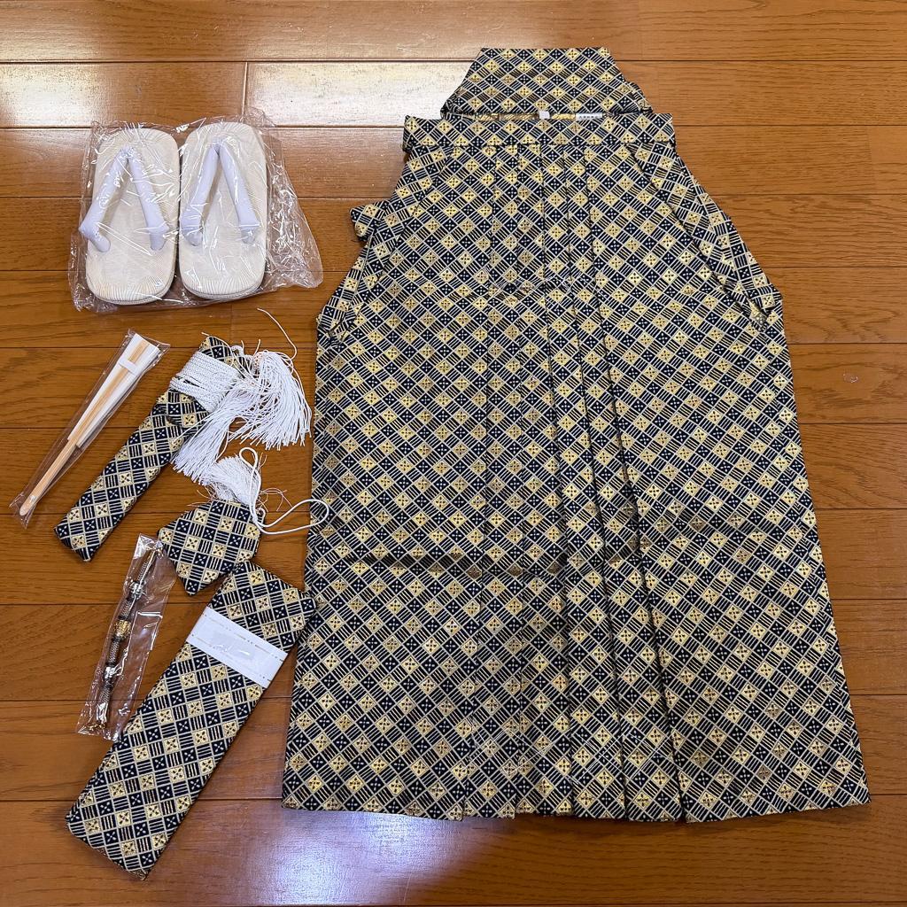 七五三 五歳 男児 袴小物セット 紋袴 黒×ゴールド 草履サイズ変更可