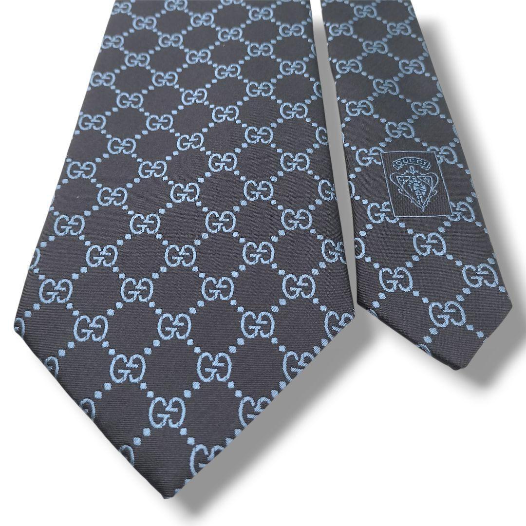 未使用　グッチ　ネクタイ　GGパターン　格子　ジャガード　マーモント　光沢　濃紺