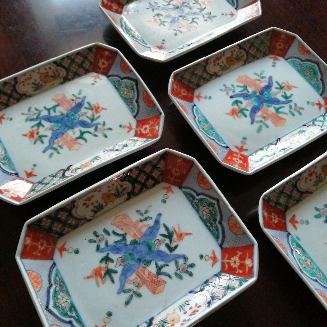 伊万里　錦隅切角皿　5枚　18cm　明治～大正期