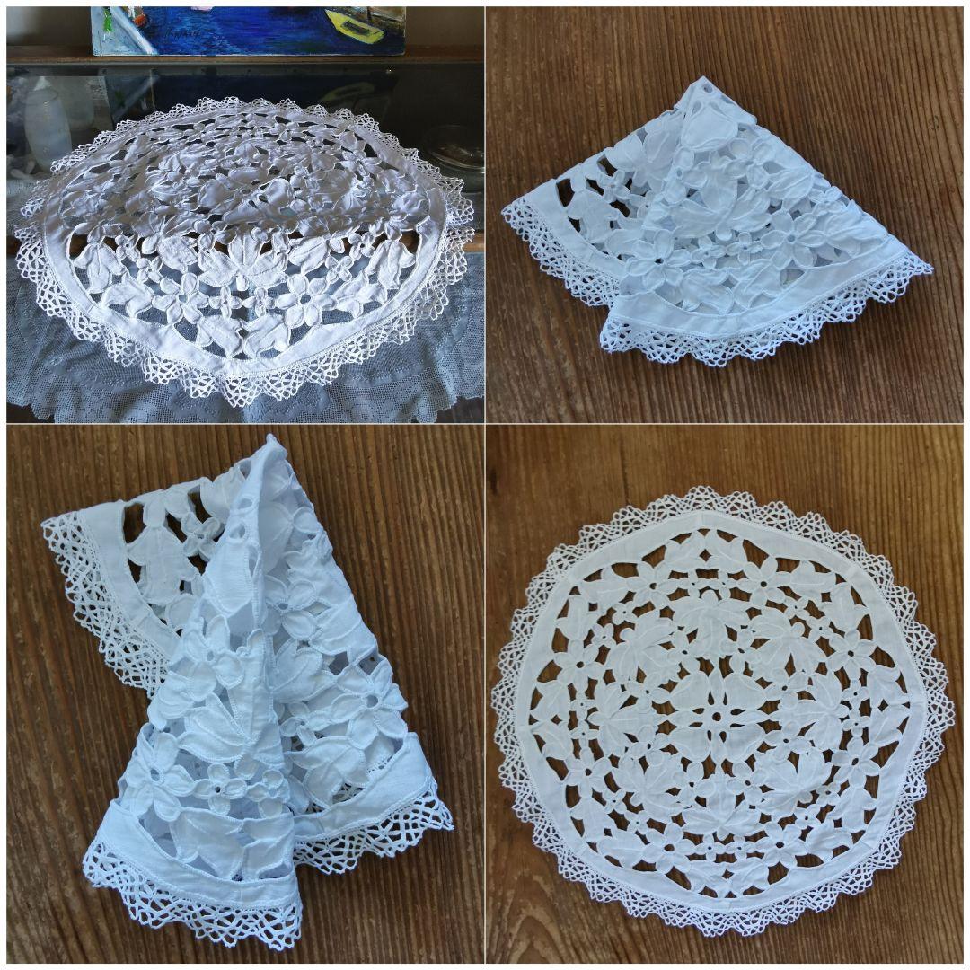 アンティークイタリア オープンカットワーク花刺繍＆ボビンレース ラージドイリー