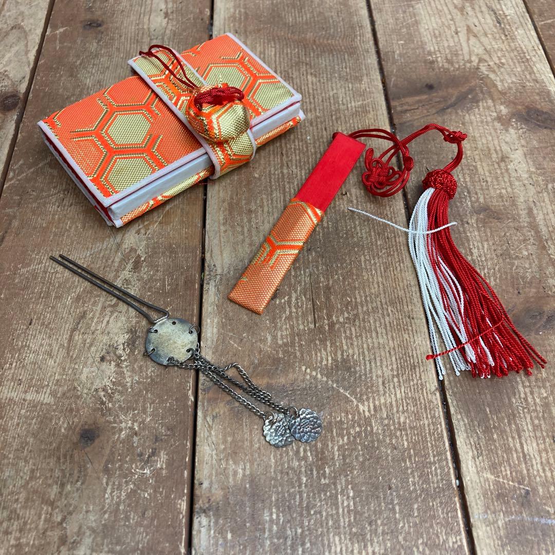 【極美品】七五三 7歳 和装小物セット 結び帯 草履 バッグ 筥迫 緑×金 豪華