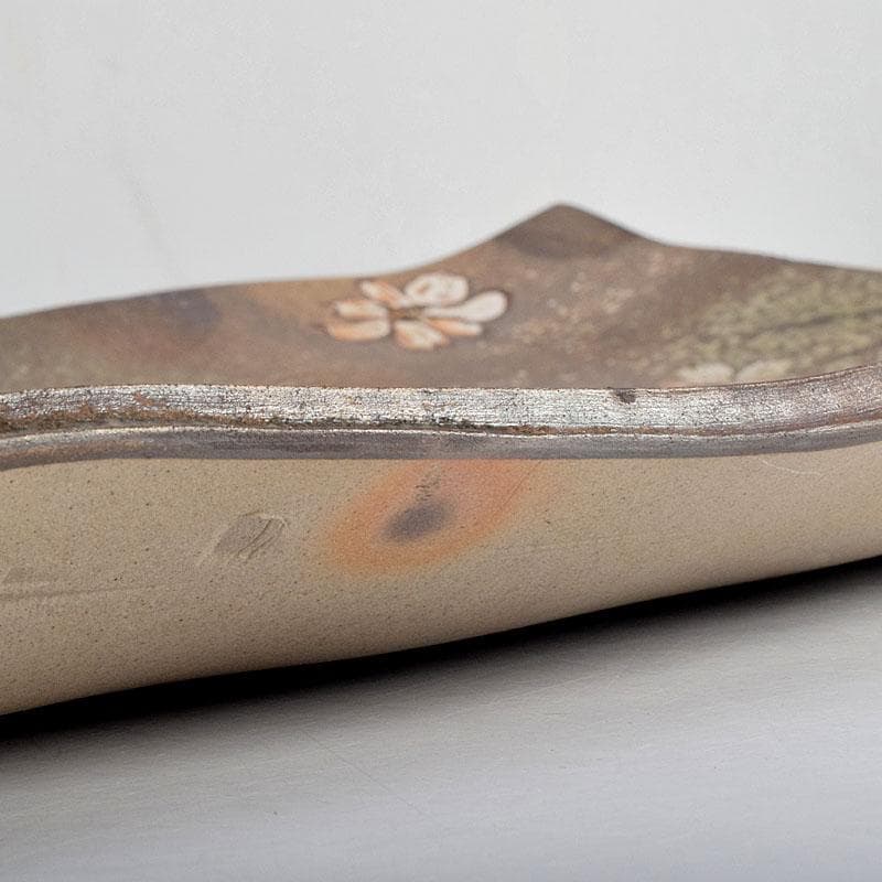 益子焼　堀越美紀作　自然釉　秋桜文　長皿　共箱　N　8681D