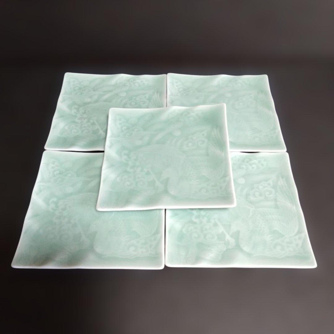 新品 伊万里鍋島焼 大秀窯 青磁角銘々皿5枚　鳳凰柄　　お祝い　縁起物