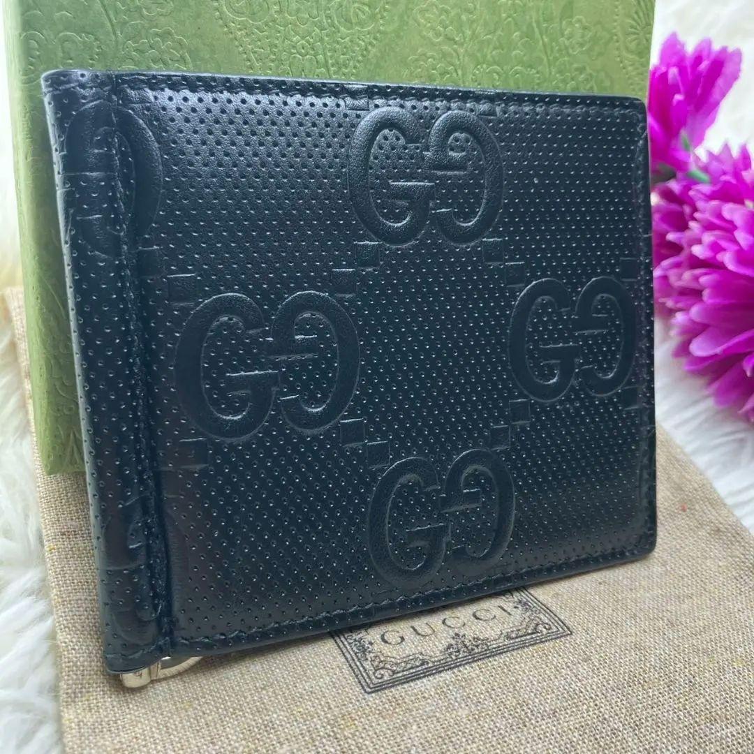 ✨ほぼ未使用　付属品完備✨グッチ　マネークリップ　エンボスレザー　ブラック　黒