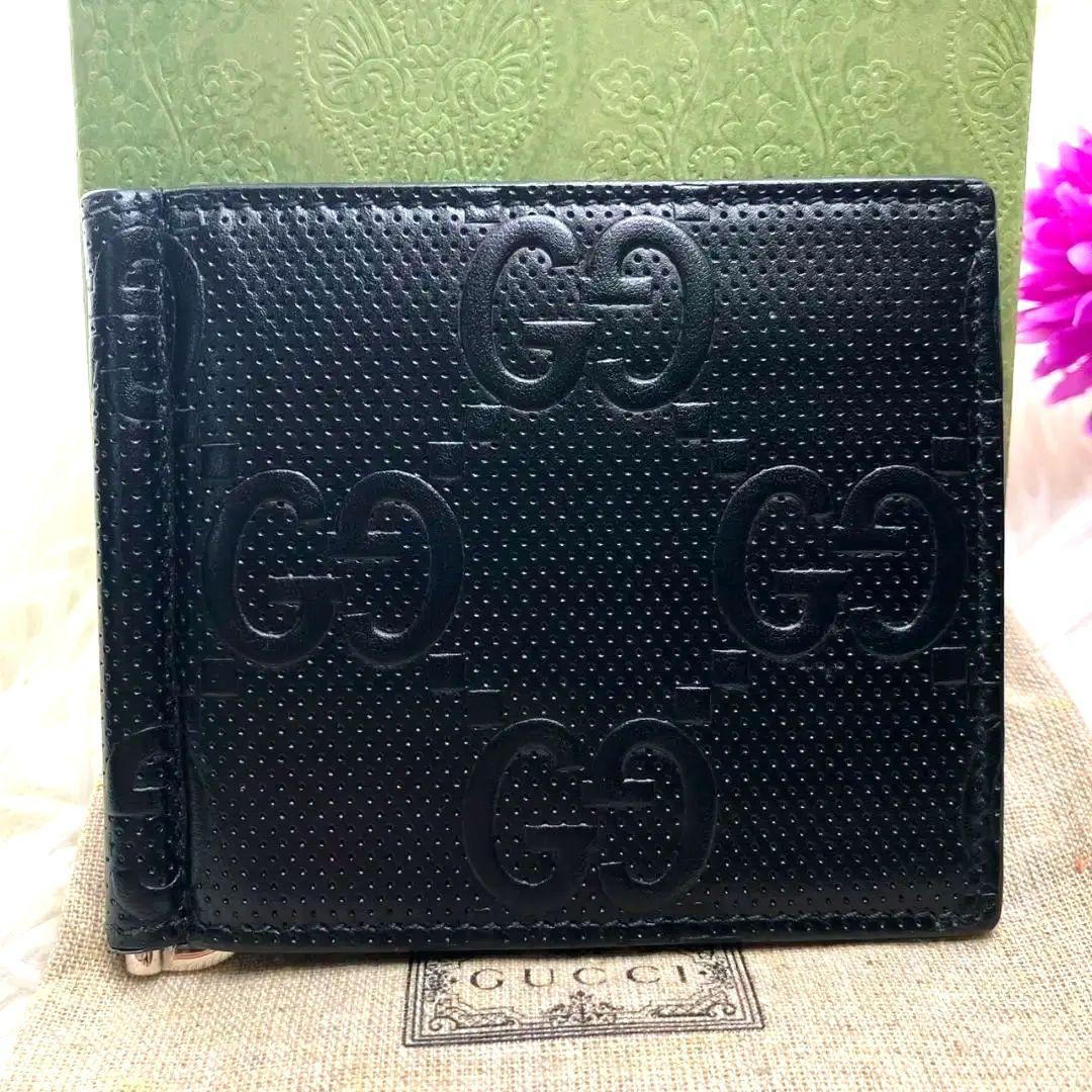 ✨ほぼ未使用　付属品完備✨グッチ　マネークリップ　エンボスレザー　ブラック　黒