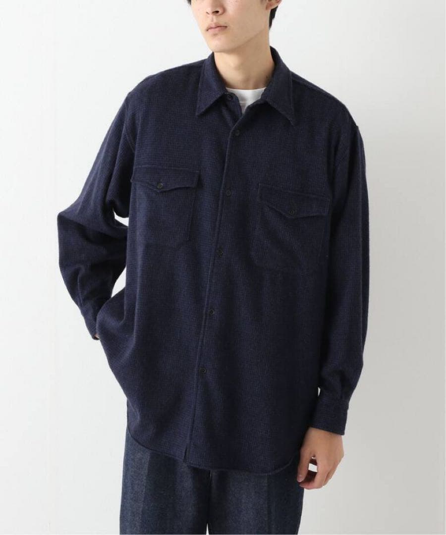 COMOLI W/CA ハウンドトゥース CPOシャツ　NAVY