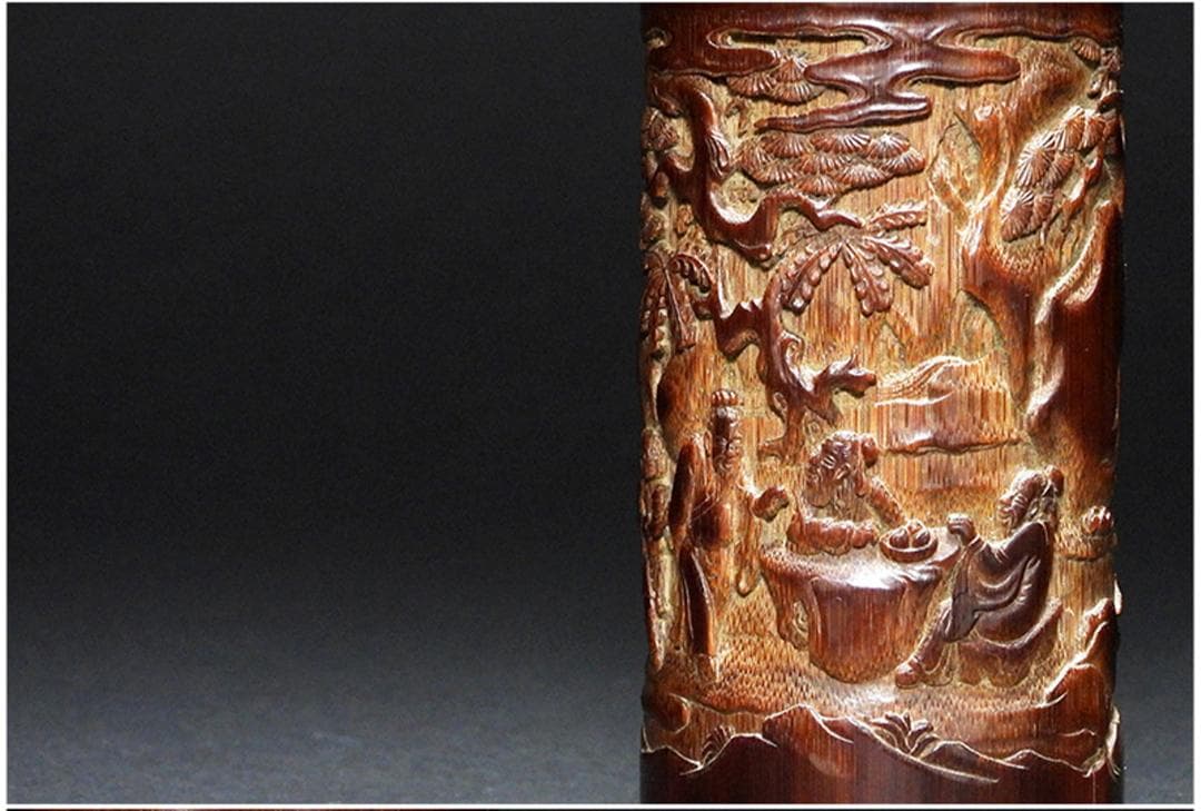 中国美術 古竹 彫刻 風景 賢人 図 筆筒 筆立/文房具書道具筆墨紙硯