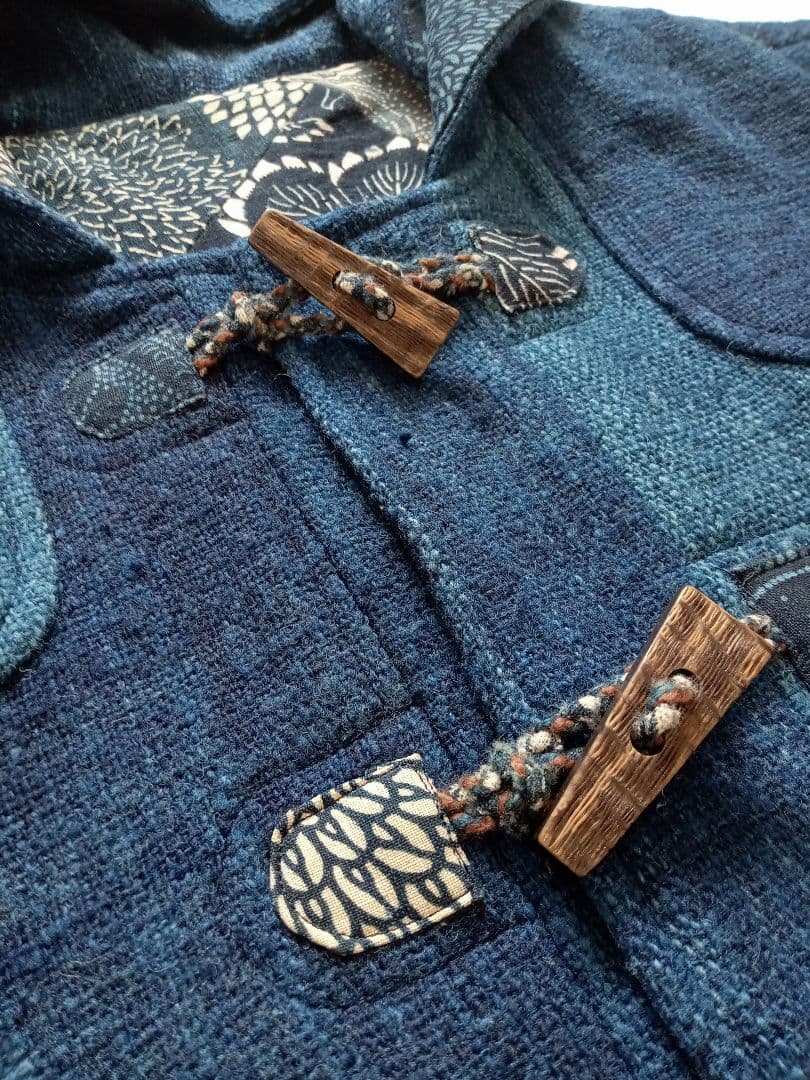古布 リメイク 藍染 型染 パッチワーク ウール ダッフルコート 大きいサイズ