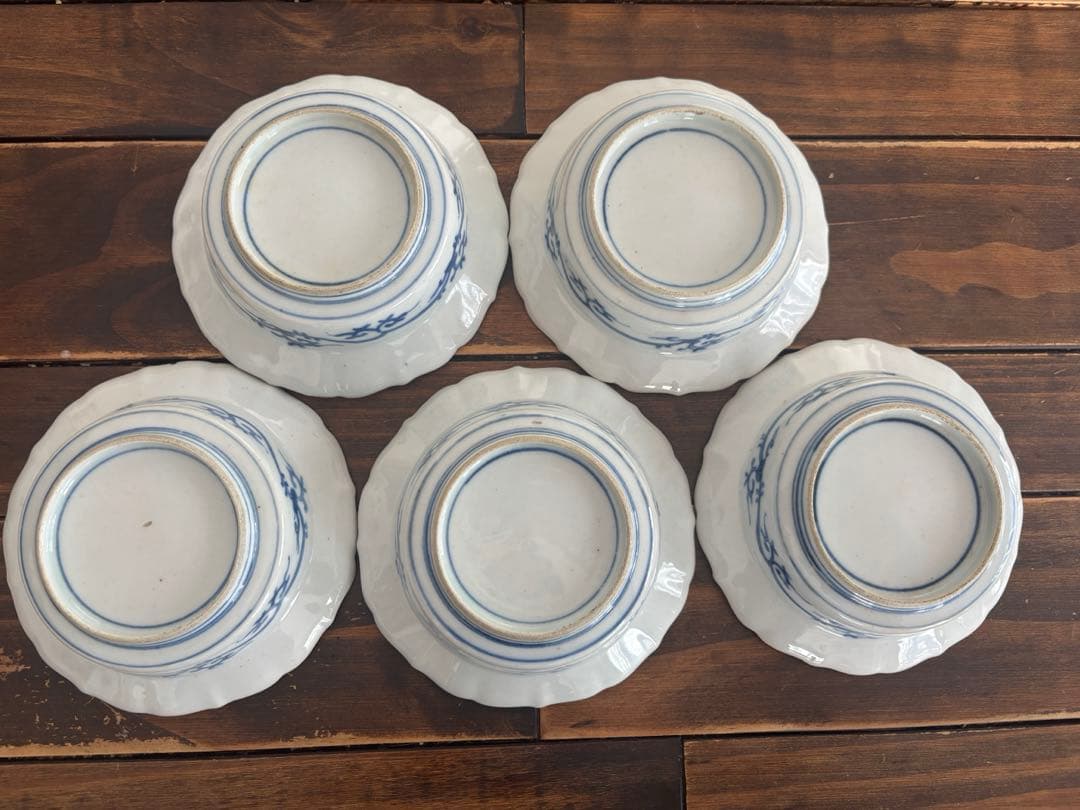 明治　伊万里焼 染錦 花蝶文 輪花皿 骨董品 アンティーク 和食器5皿セット