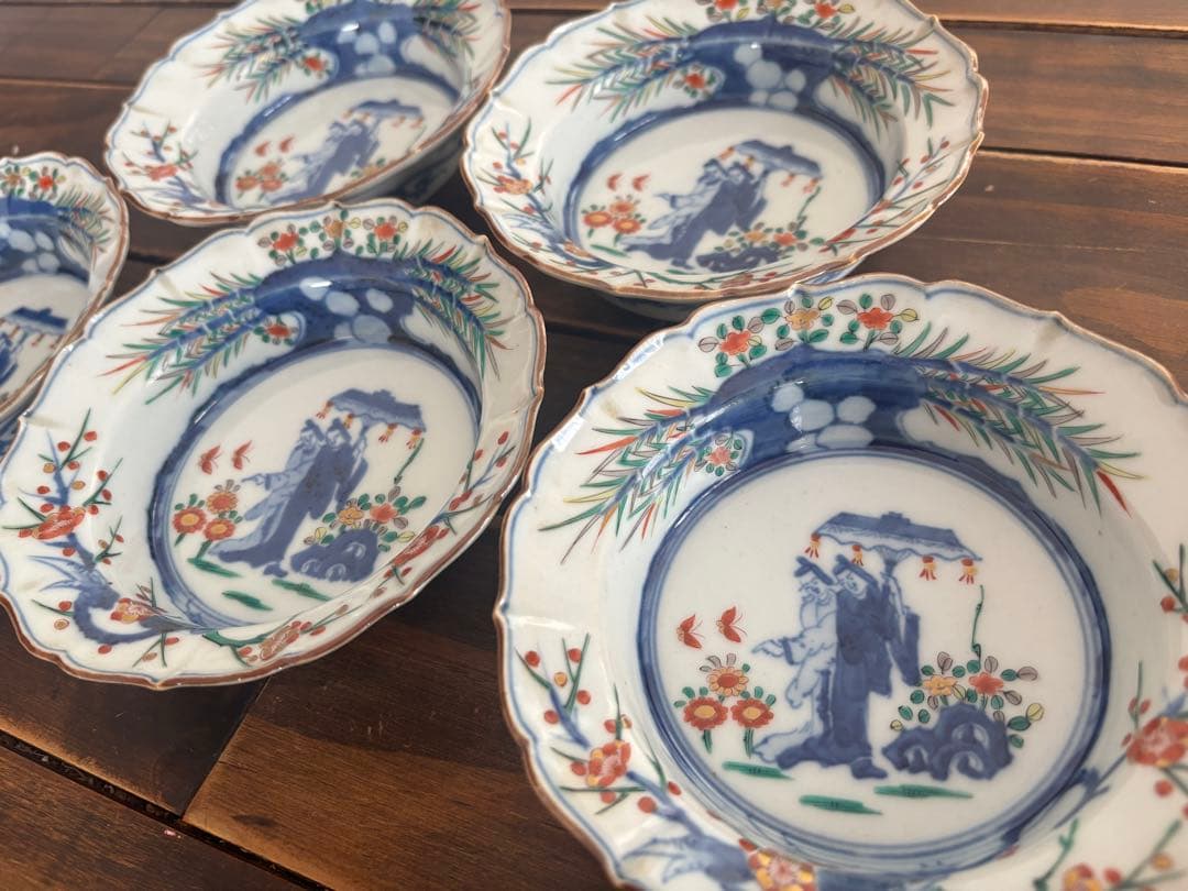 明治　伊万里焼 染錦 花蝶文 輪花皿 骨董品 アンティーク 和食器5皿セット