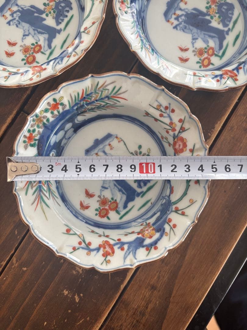 明治　伊万里焼 染錦 花蝶文 輪花皿 骨董品 アンティーク 和食器5皿セット