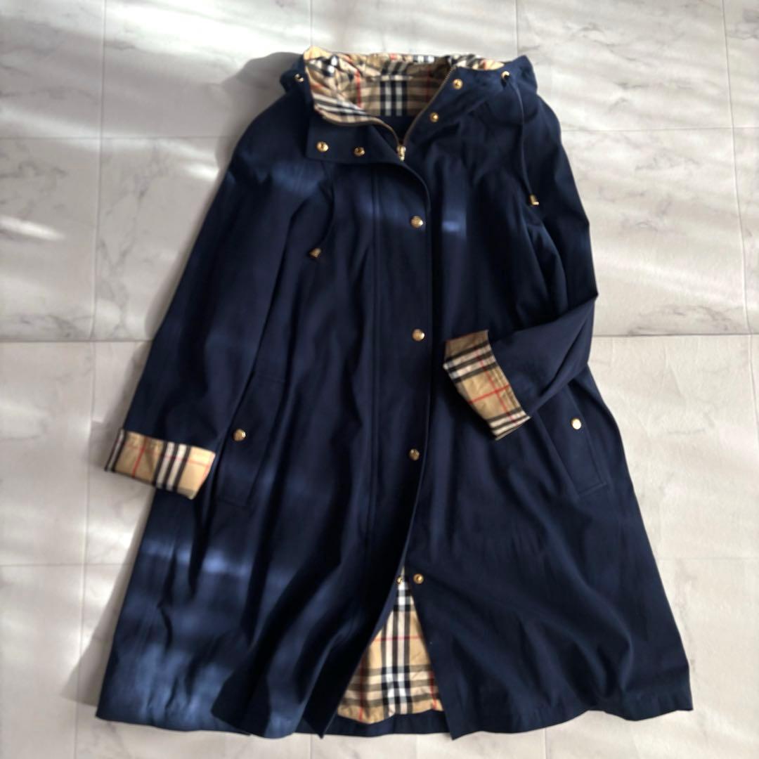 希少♪Burberry バーバリー ヴィンテージ フーデットコート ネイビー