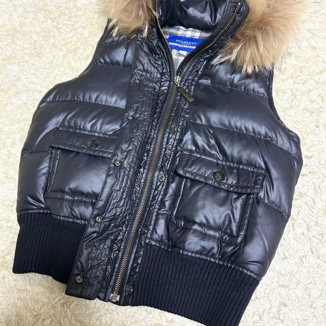 極美品✨ バーバリーブルーレーベル ダウンベスト ノバチェック ラクーンファー