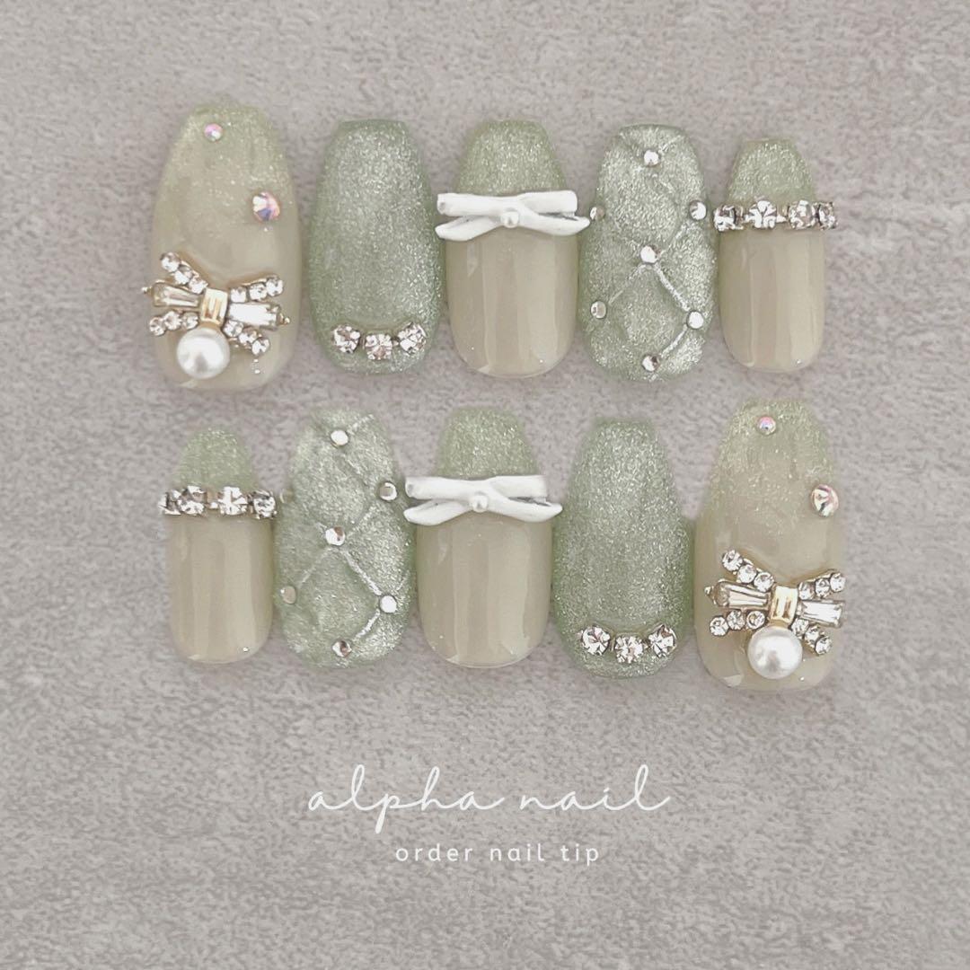 つぅ グリーンマグネットリボンネイルチップ