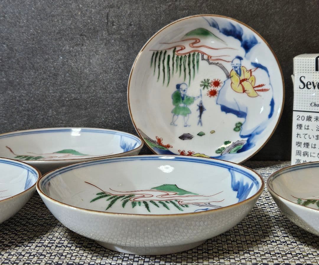 江戸時代　古伊万里　染錦　中国明代　古赤絵写　山水釣り人図　12.3cm皿　5客