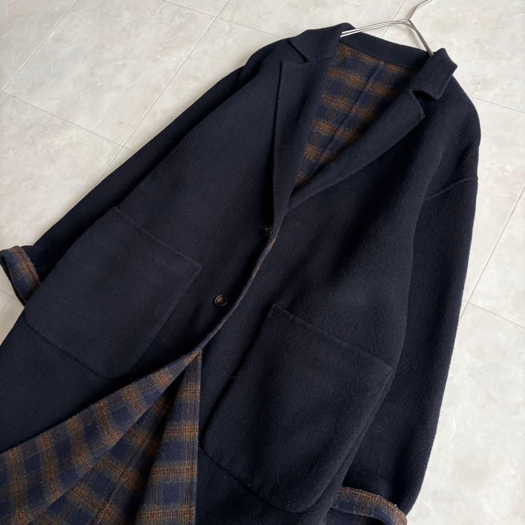 human woman ウールリバー チェスターコート チェック×ネイビー M