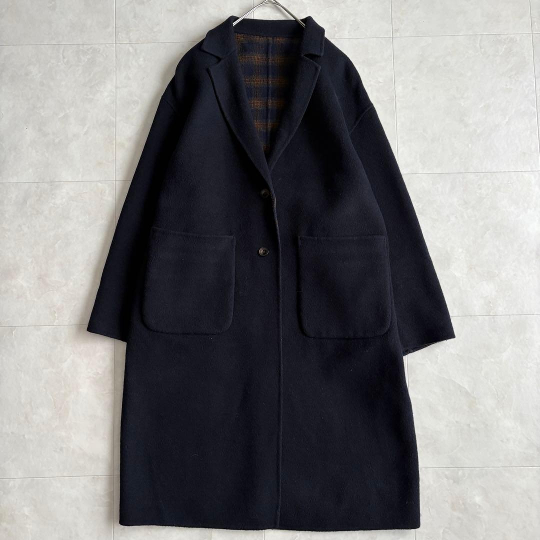 human woman ウールリバー チェスターコート チェック×ネイビー M