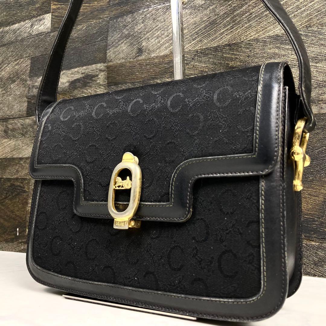 セリーヌ サルキー ショルダーバッグ レザー ロゴ総柄 黒 馬車金具