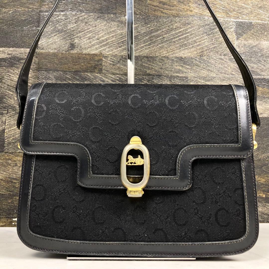 セリーヌ サルキー ショルダーバッグ レザー ロゴ総柄 黒 馬車金具