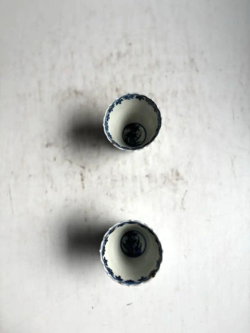 726 骨董 アンティーク 川本半助 真陶園半介 瀬戸染付輪花杯 2点組 金継ぎ