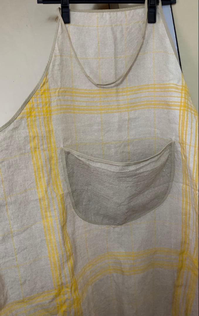 フランス製　リネン　チェック柄エプロン